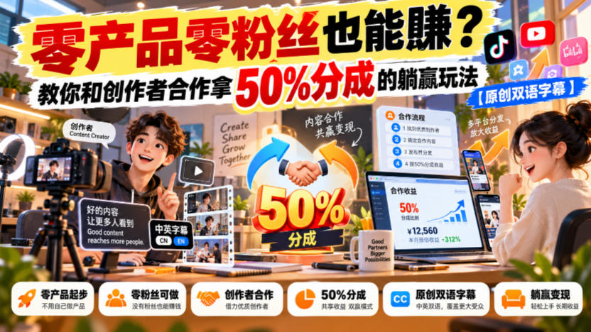【无水印】零产品零粉丝也能賺?教你和创作者合作拿50%分成的躺赢玩法【原创双语字幕】-副业网