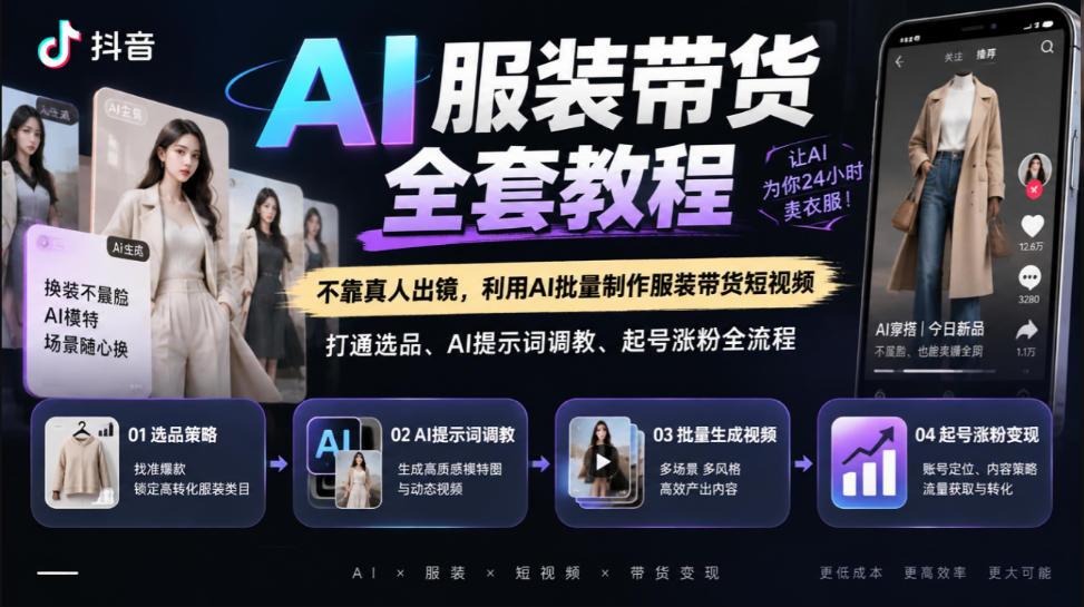 抖音AI服装带货全套教程,不靠真人出镜,利用AI批量制作服装带货短视频,打通选品、AI提示词调教、起号涨粉全流程-副业网