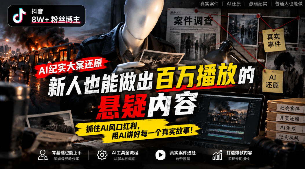 抖音8W粉丝博主的AI纪实大案还原教学,新人也能做出百W播放的悬疑内容,抓住AI风口红利,用AI讲好每一个真实故事(更新1014)-副业网