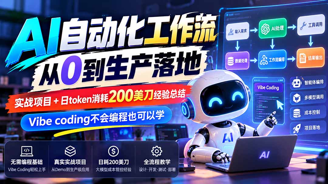 【无水印】AI自动化工作流从0到生产落地，实战项目+日token消耗200美刀经验总结，Vibe coding不会编程也可以学-副业网