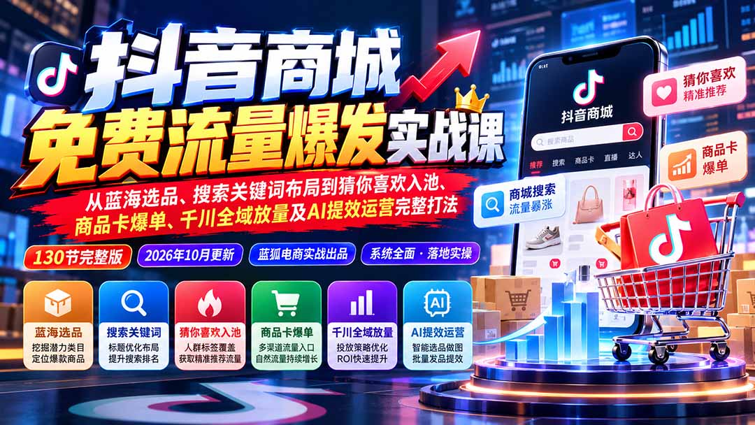抖音商城免费流量爆发实战:从蓝海选品、搜索关键词布局到猜你喜欢入池、商品卡爆单、千川全域放量及AI提效完整打法-副业网