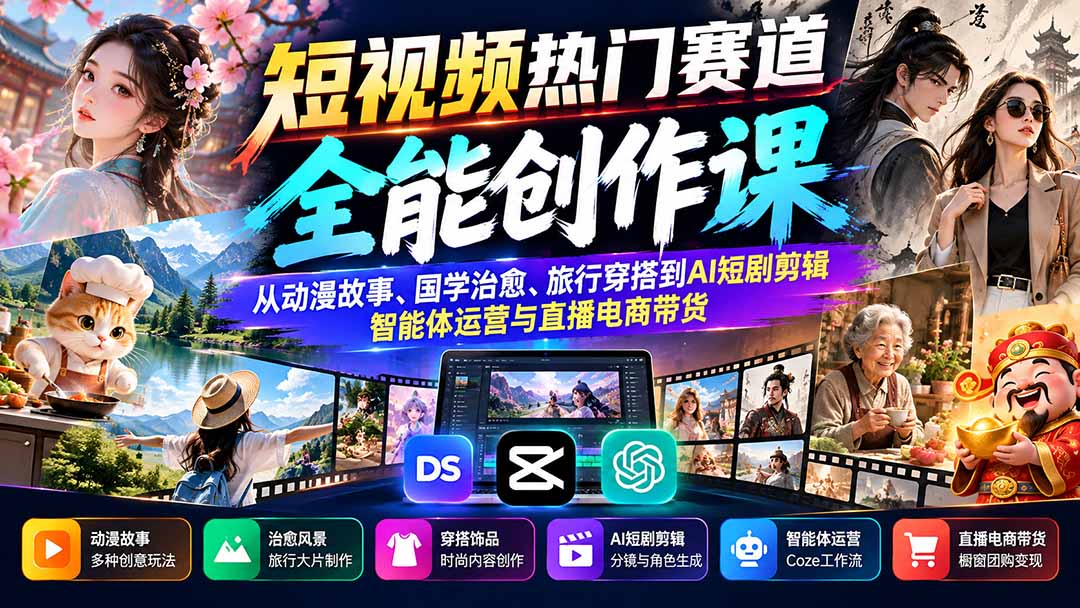 图片[2]-短视频热门赛道全能创作课：从动漫故事、国学治愈、旅行穿搭到AI短剧剪辑、智能体运营与直播电商带货-副业网