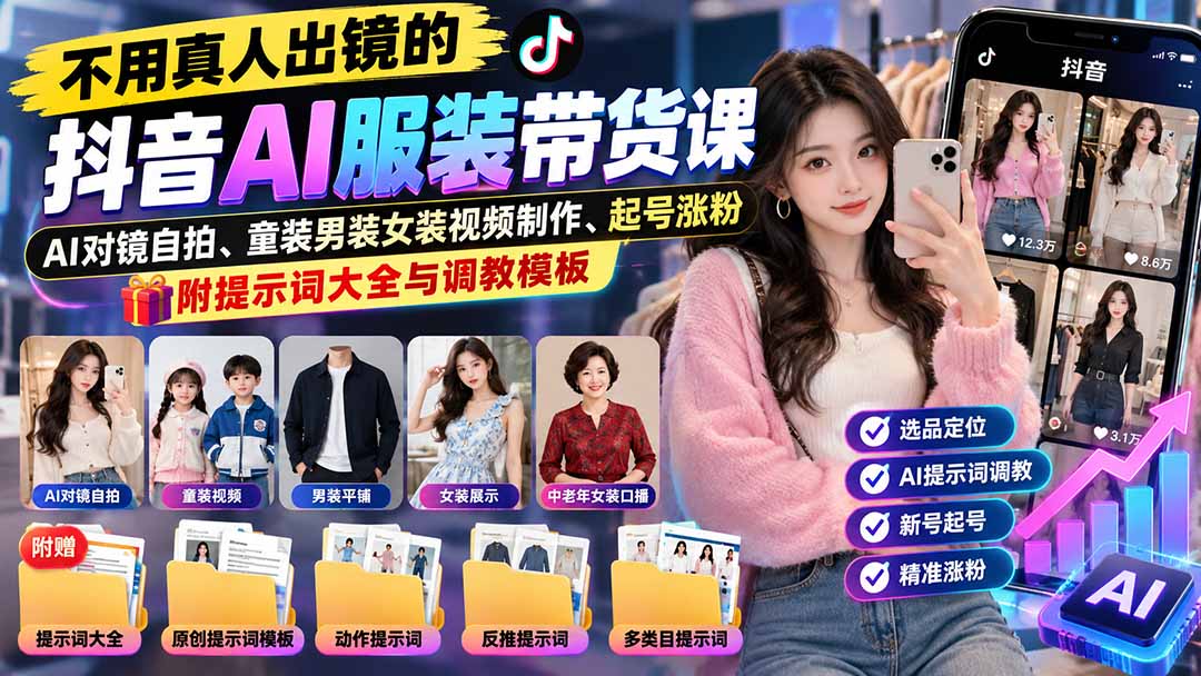 不用真人出镜的抖音AI服装带货课：AI对镜自拍、童装男装女装视频制作、起号涨粉，附提示词大全与调教模板-副业网