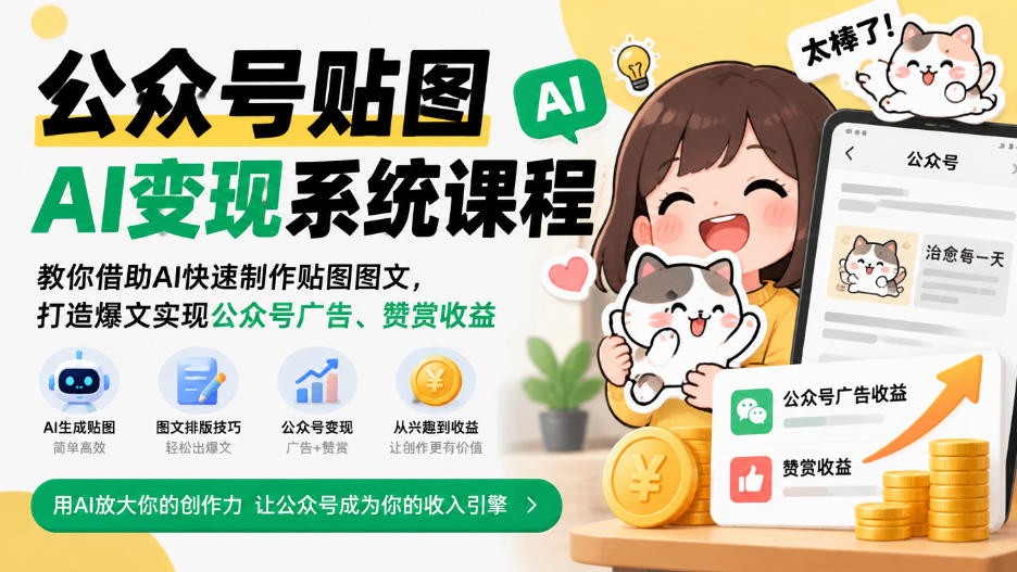 公众号贴图AI变现系统课程｜教你借助AI快速制作贴图图文，打造爆文实现公众号广告、赞赏收益-副业网