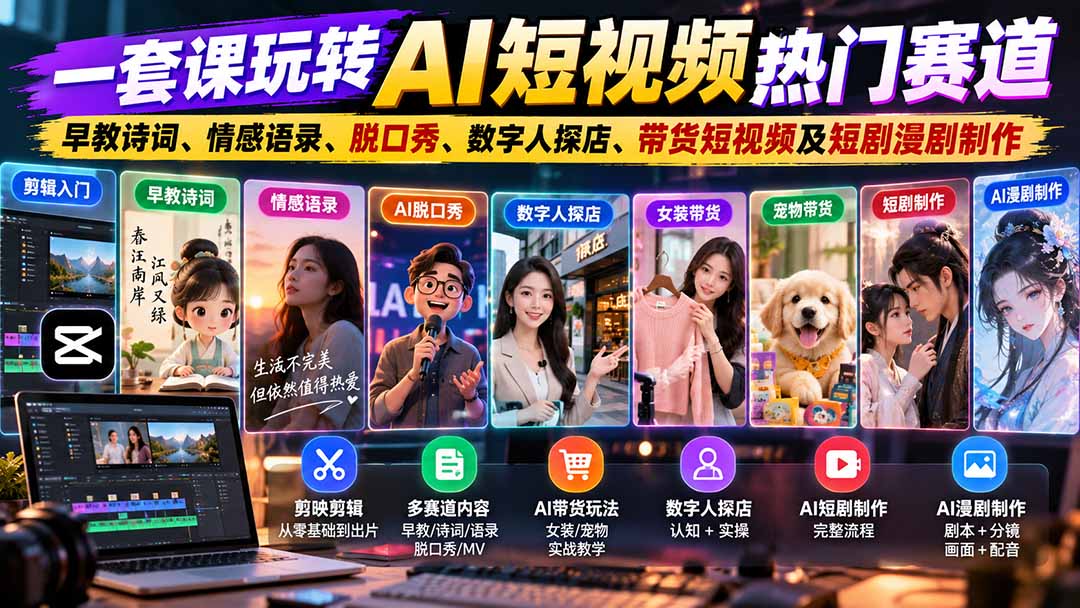 一套课玩转AI短视频热门赛道:早教诗词、情感语录、脱口秀、数字人探店、带货短视频及短剧漫剧制作 复制标题-副业网