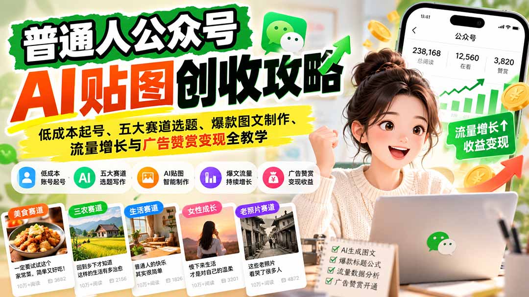 图片[2]-普通人公众号AI贴图创收攻略：低成本起号、五大赛道选题、爆款图文制作、流量增长与广告赞赏变现全教学-副业网