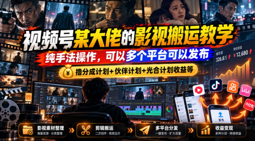 视频号某大佬的影视搬运教学，纯手法操作，可以多个平台可以发布，撸分成计划+伙伴计划+光合计划收益等-副业网