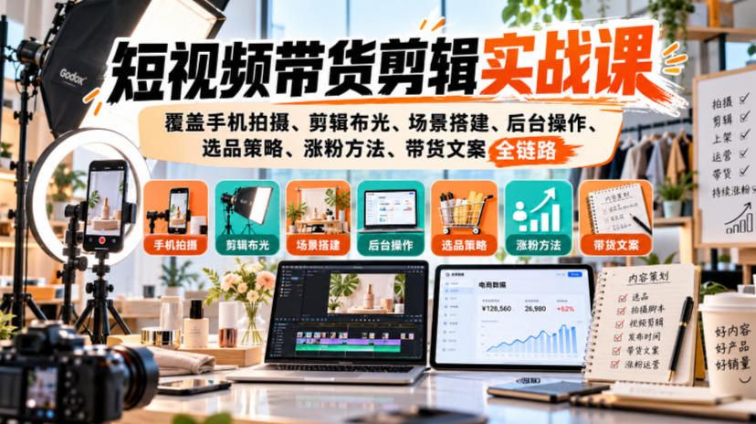 短视频带货剪辑实战课,覆盖手机拍摄、剪辑布光、场景搭建、后台操作、选品策略、涨粉方法、带货文案全链路-副业网
