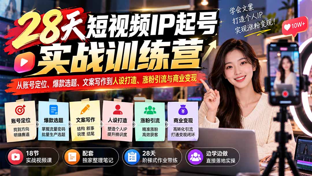 图片[2]-28天短视频IP起号实战训练营：从账号定位、爆款选题、文案写作到人设打造、涨粉引流与商业变现-副业网