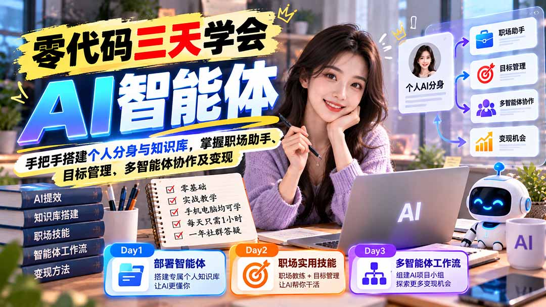 【无水印】零代码三天学会AI智能体:手把手搭建个人分身与知识库,掌握职场助手、目标管理、多智能体协作及变现-副业网