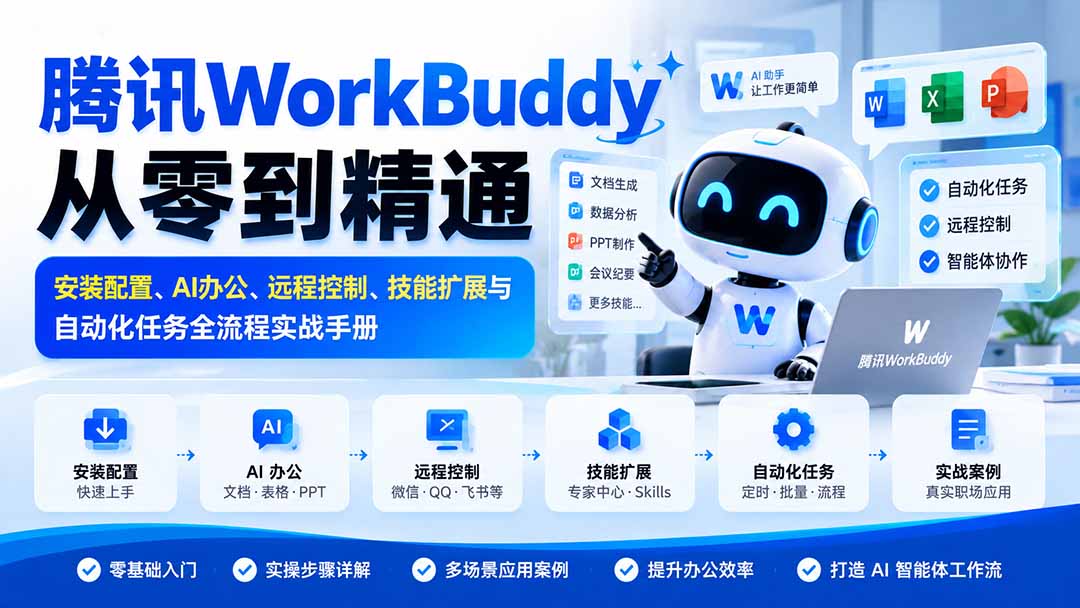 腾讯WorkBuddy从零到精通:安装配置、AI办公、远程控制、技能扩展与自动化任务全流程实战手册-副业网