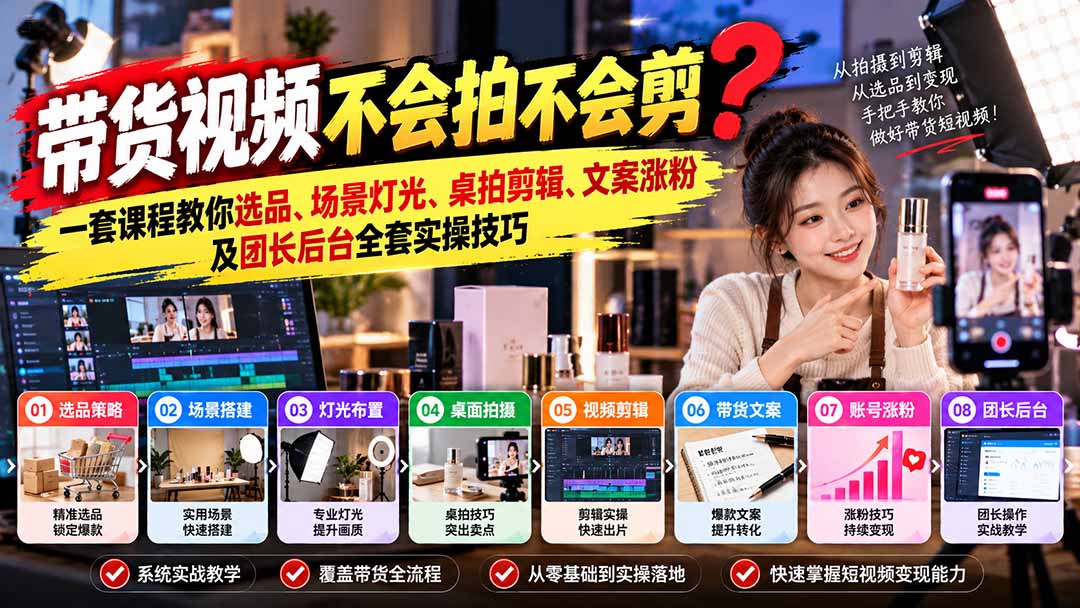 带货视频不会拍不会剪?一套课程教你选品、场景灯光、桌拍剪辑、文案涨粉及团长后台全套实操技巧 复制标题-副业网