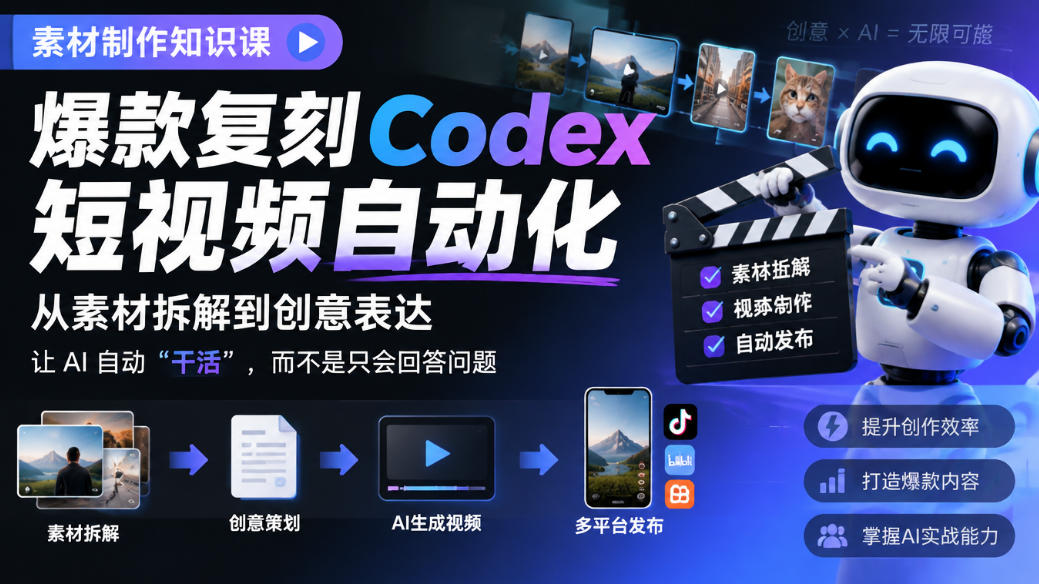 素材制作知识课,爆款复刻Codex短视频自动化,从素材拆解到创意表达,让AI自动“干活”,而不是只会回答问题-副业网