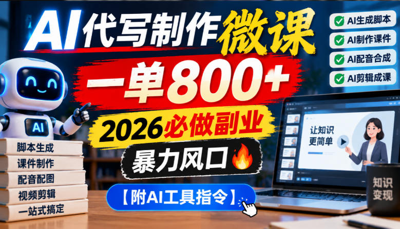 AI代写制作微课,一单800+,2026必做副业,暴力风口【附AI工具指令】【揭秘】-副业网