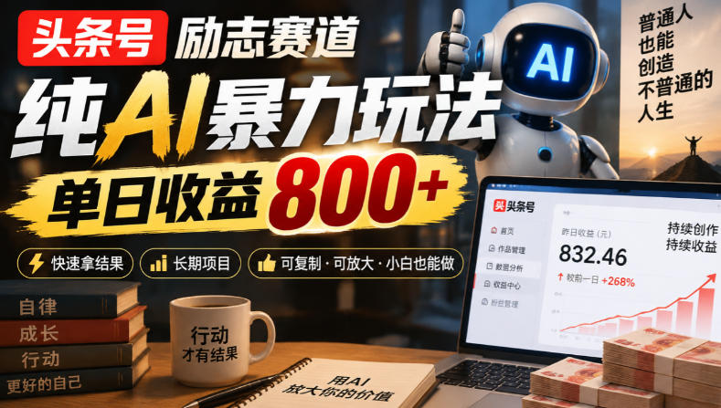 头条号励志赛道,纯AI暴力玩法,单日收益800+,快速拿结果,长期项目-副业网