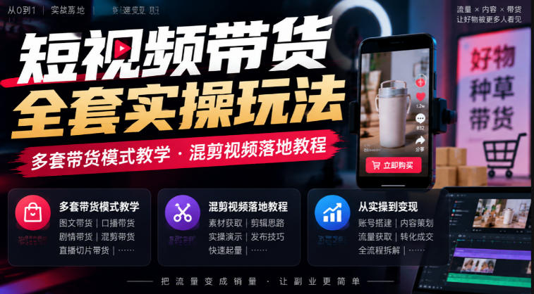 短视频带货全套实操玩法,多套带货模式教学,混剪视频落地教程-副业网