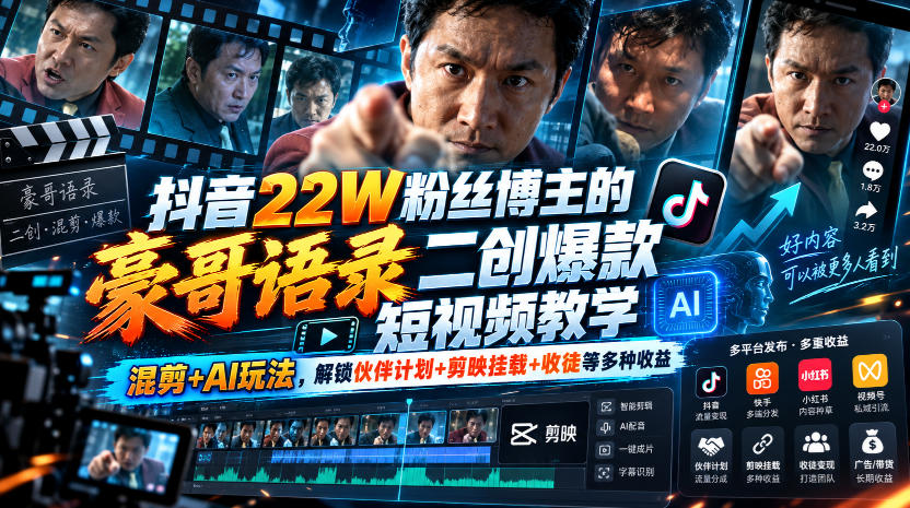 抖音22W粉丝博主的豪哥语录二创爆款短视频教学,混剪+AI玩法,解锁伙伴计划+剪映挂载+收徒等多种收益-副业网