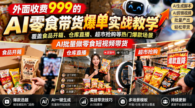 外面收费999的AI零食带货爆单实战教学,覆盖食品开箱、仓库直播、超市抢购等热门爆款场景,AI批量做零食短视频带货-副业网
