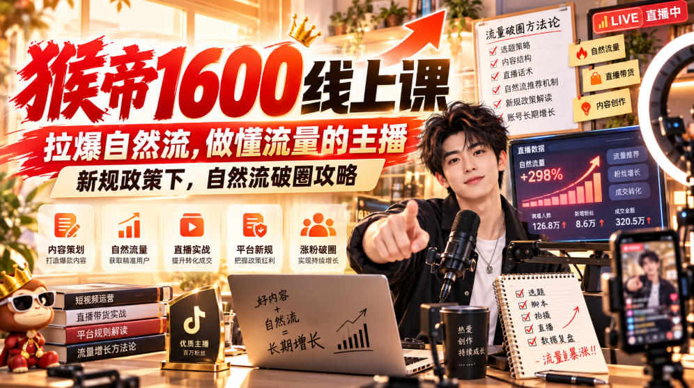猴帝1600线上课,拉爆自然流,做懂流量的主播,新规政策下,自然流破圈攻略【更新261017】-副业网