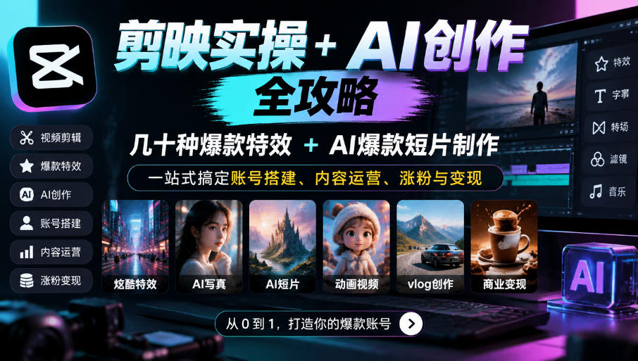 剪映实操+AI创作全攻略|几十种爆款特效+AI爆款短片制作,一站式搞定账号搭建、内容运营、涨粉与变现-副业网
