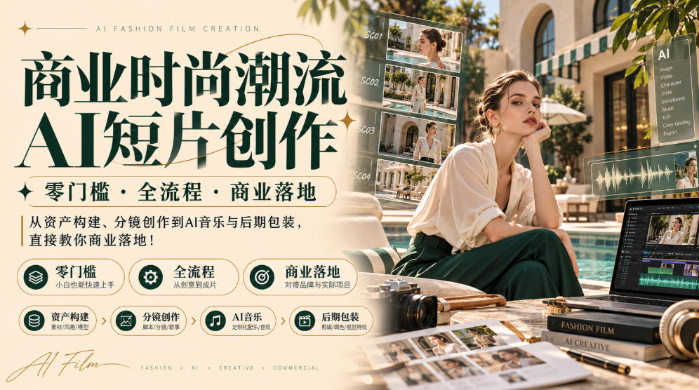 商业时尚潮流AI短片创作|零门槛・全流程・商业落地,从资产构建、分镜创作到AI音乐与后期包装,直接教你商业落地!-副业网