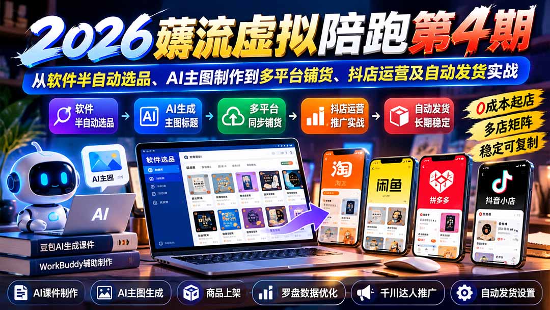 2026薅流虚拟陪跑第4期:从软件半自动选品、AI主图制作到多平台铺货、抖店运营及自动发货实战-副业网
