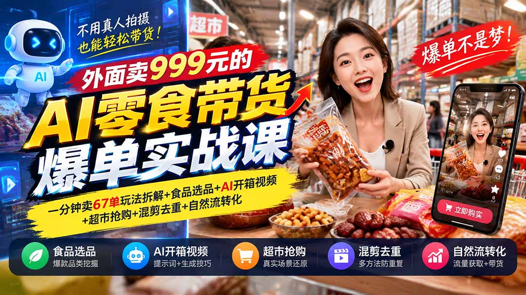 图片[2]-外面卖999元的AI零食带货爆单实战课｜一分钟卖67单玩法拆解+食品选品+AI开箱视频+超市抢购+混剪去重+自然流转化-副业网