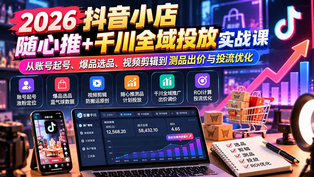 图片[2]-2026抖音小店随心推+千川全域投放实战课：从账号起号、爆品选品、视频剪辑到测品出价与投流优化-副业网
