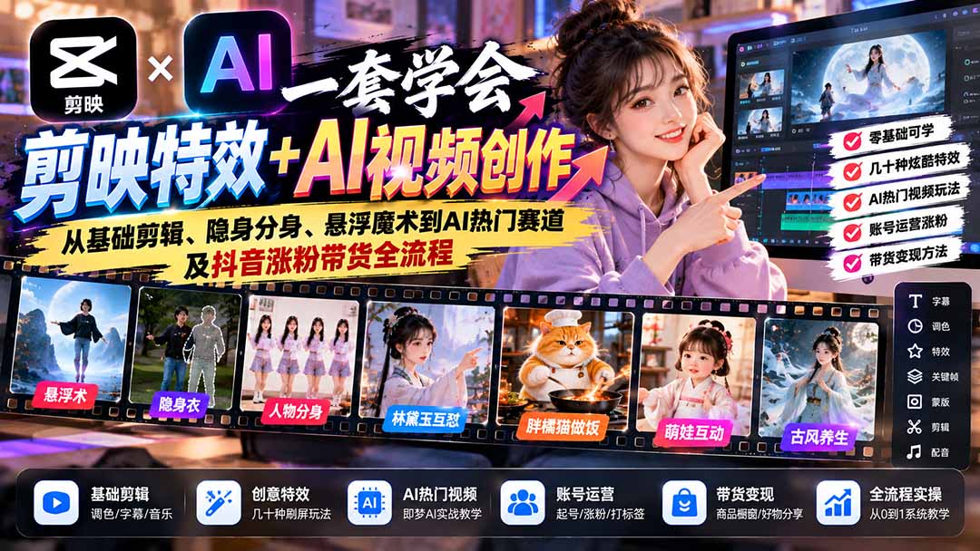 图片[2]-一套学会剪映特效+AI视频创作：从基础剪辑、隐身分身、悬浮魔术到AI热门赛道及抖音涨粉带货全流程-副业网