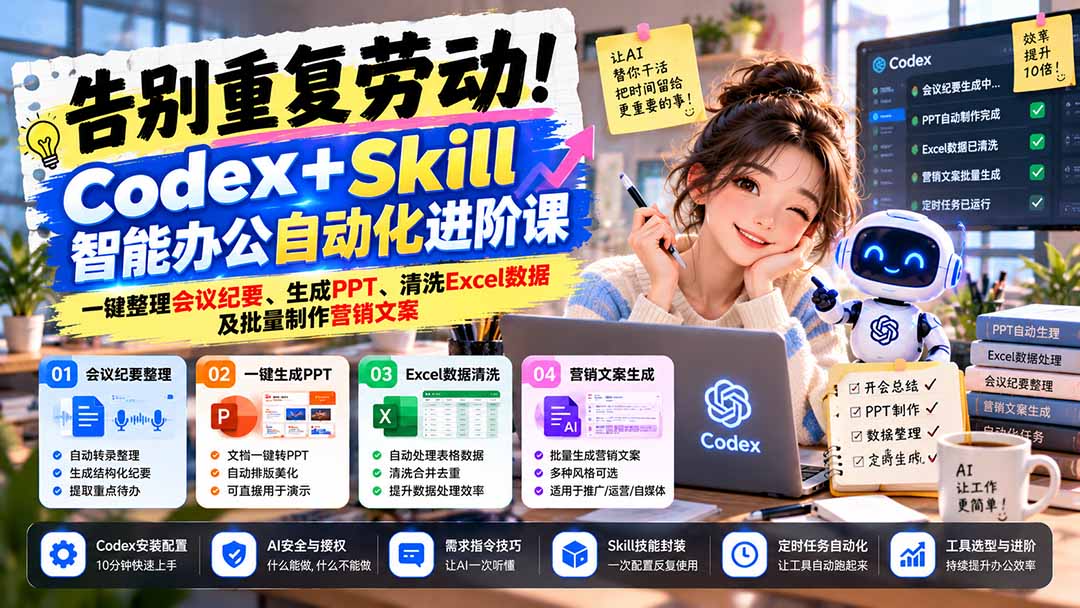 告别重复劳动!Codex+Skill智能办公自动化进阶课:一键整理会议纪要、生成PPT、清洗Excel数据及批量制作营销文案-副业网