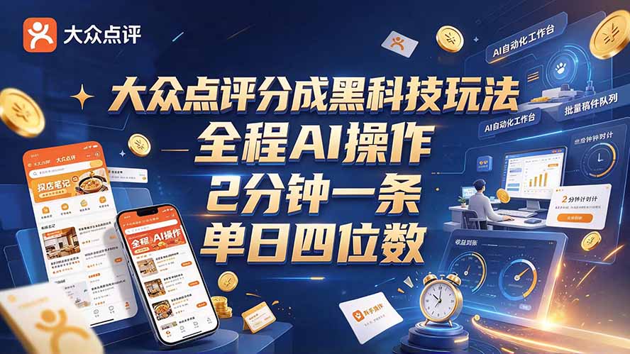 大众点评分成全网独家玩法,AI 全自动出内容,2 分钟一条,小白可冲单日四位数-副业网