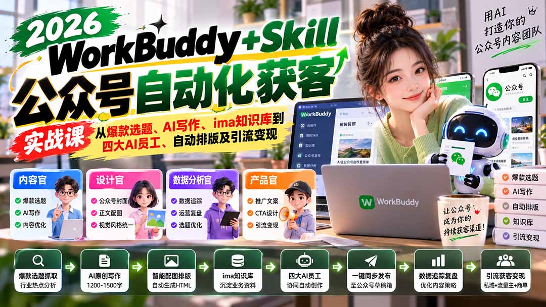 WorkBuddy + Skill公众号自动化获客实战课:从爆款选题、AI写作、ima知识库到四大AI员工、自动排版及引流变现-副业网