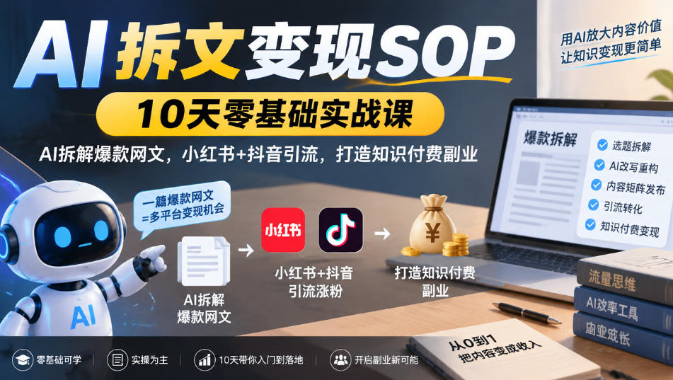 AI拆文变现SOP|10天零基础实战课,AI拆解爆款网文,小红书+抖音引流,打造知识付费副业-副业网