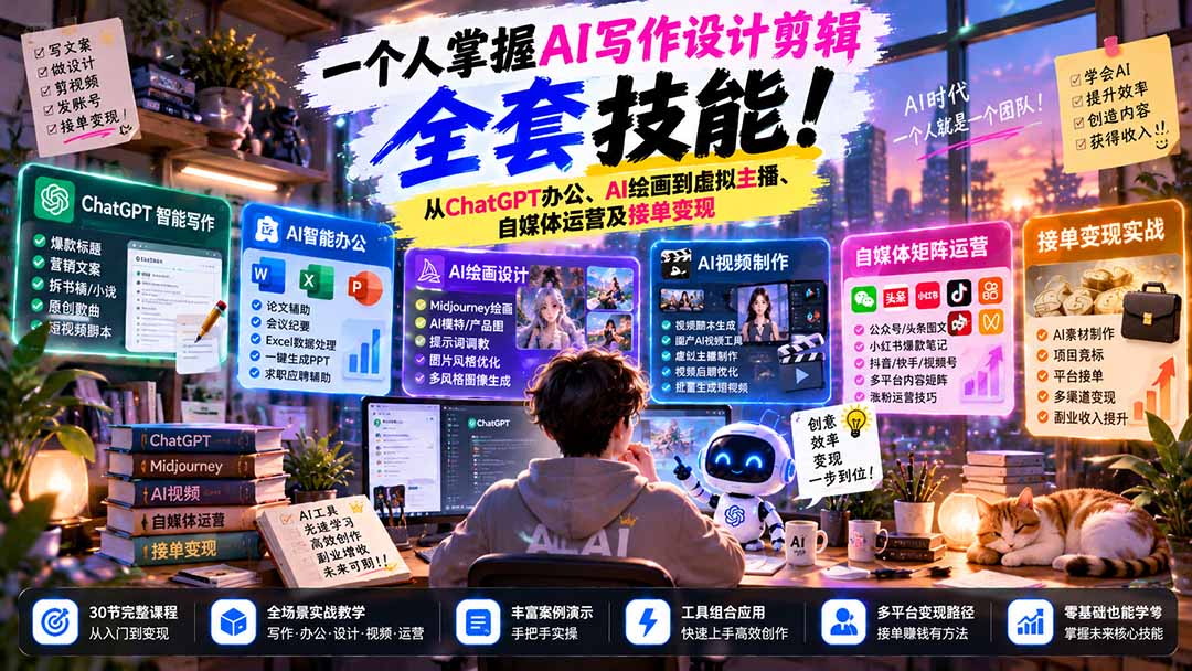 一个人掌握AI写作设计剪辑全套技能:从ChatGPT办公、AI绘画到虚拟主播、自媒体运营及接单变现-副业网