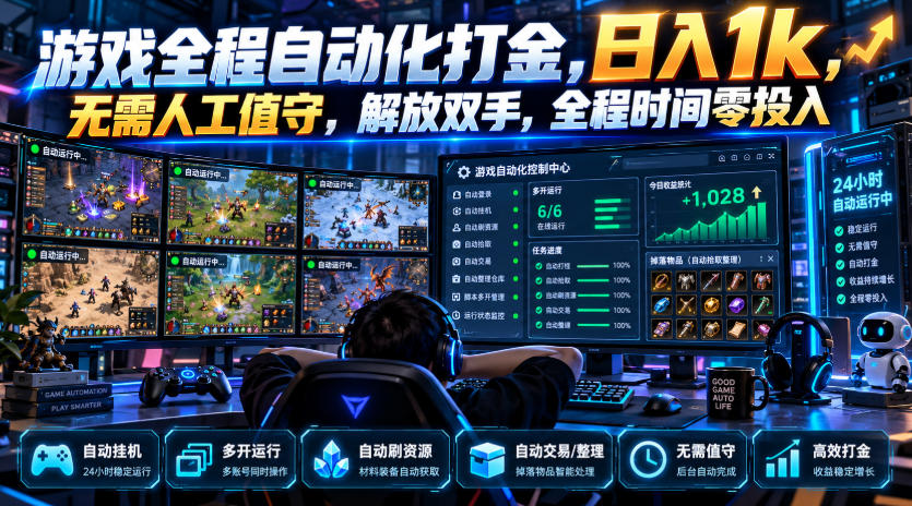游戏全程自动化打金,日入1k,无需人工值守,解放双手,全程时间零投入【揭秘】-副业网