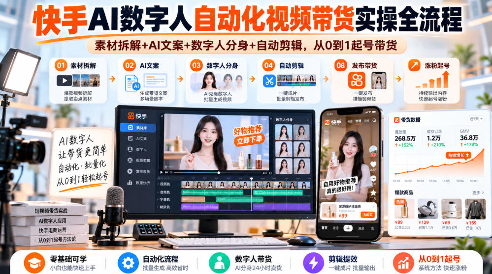 快手AI数字人自动化视频带货实操全流程|素材拆解+AI文案+数字人分身+自动剪辑,从0到1起号带货(更新26年)-副业网