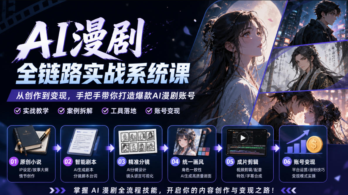 AI漫剧全链路实战系统课|原创小说、智能剧本、精准分镜、统一画风、成片剪辑、账号变现实操教学(更新1018)-副业网
