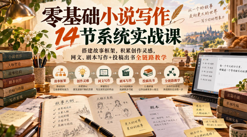 零基础小说写作14节系统实战课,搭建故事框架,积累创作灵感,网文、剧本写作+投稿出书全链路教学-副业网