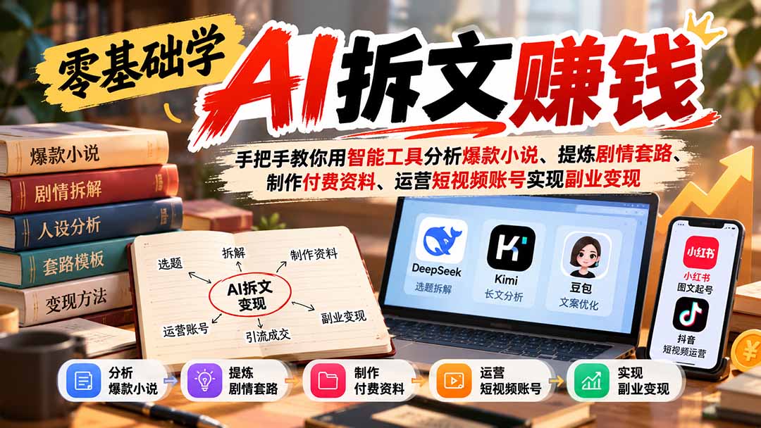 图片[2]-零基础学AI拆文赚钱：手把手教你用智能工具分析爆款小说、提炼剧情套路、制作付费资料、运营短视频账号实现副业变现-副业网