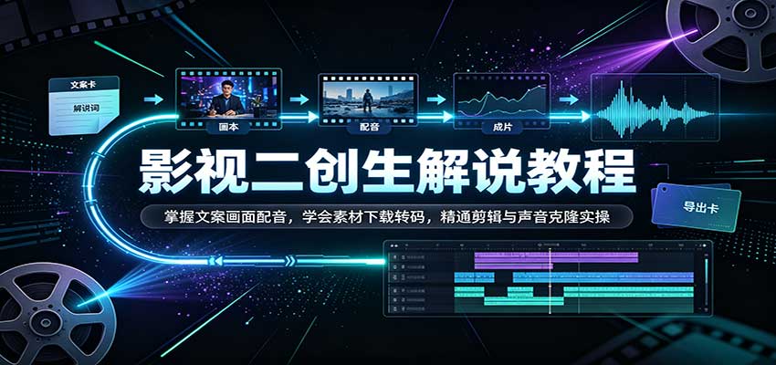 影视二创解说教程:掌握文案画面配音,学会素材下载转码,精通剪辑与声音克隆实操-副业网