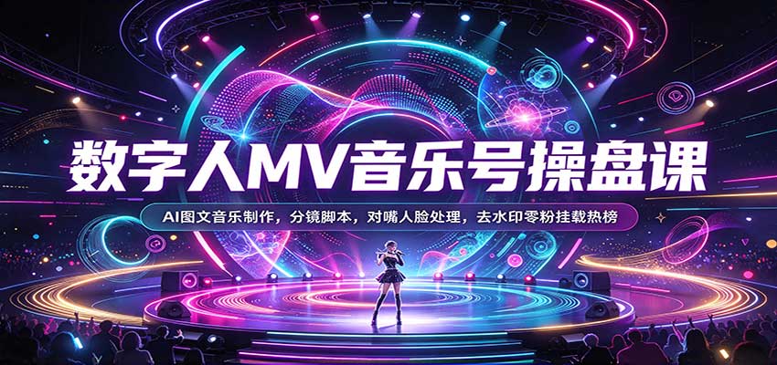 数字人MV音乐号操盘课:AI图文音乐制作,分镜脚本,对嘴人脸处理,去水印零粉挂载热榜-副业网