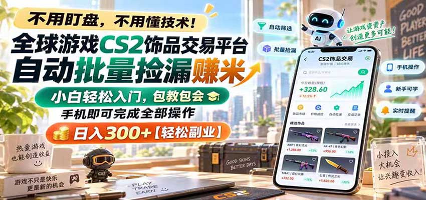全球游戏CS2饰品交易平台自动批量捡漏赚米，手机即可完成全部操作，日入300+-副业网