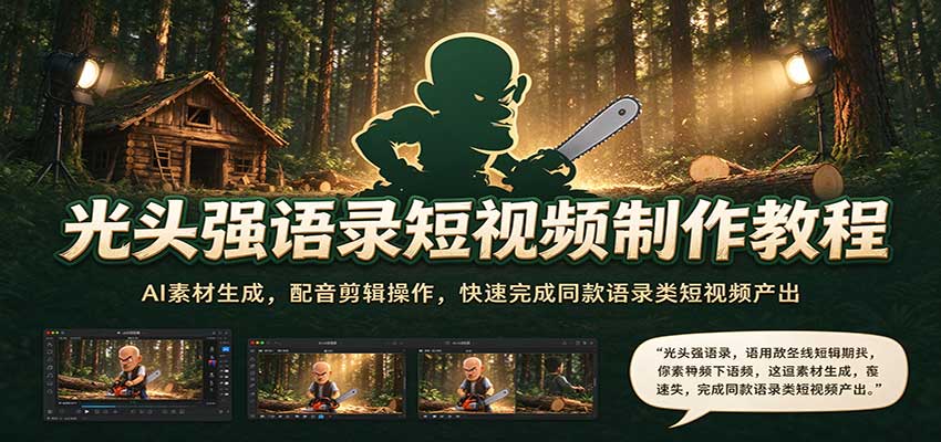 光头强语录短视频制作教程:AI素材生成,配音剪辑操作,快速完成同款语录类短视频产出-副业网