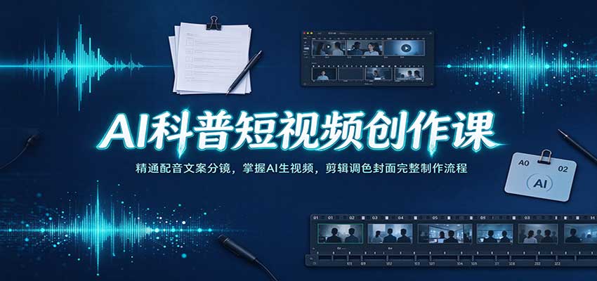 AI科普短视频创作课:精通配音文案分镜,掌握AI生视频,剪辑调色封面完整制作流程-副业网
