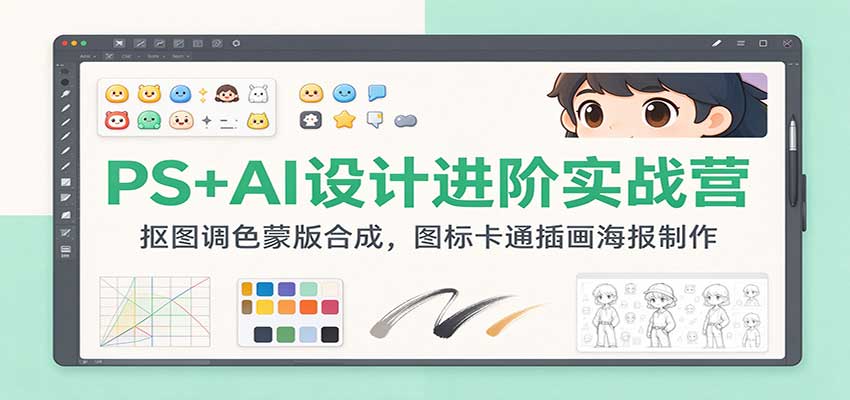 PS+AI设计进阶实战营:抠图调色蒙版合成,图标卡通插画海报制作-副业网