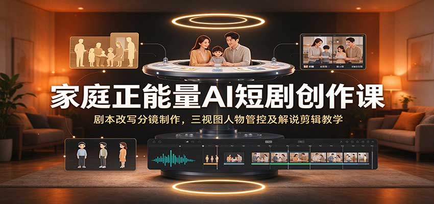 家庭正能量AI短剧创作课:剧本改写分镜制作,三视图人物管控及解说剪辑教学-副业网