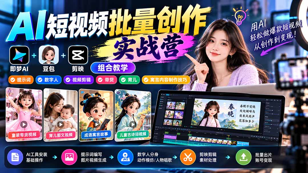 【无水印】AI短视频批量创作实战营：即梦+豆包+剪映组合教学，提示词/数字人/视频剪辑/带货/育儿/寓言内容制作技巧-副业网