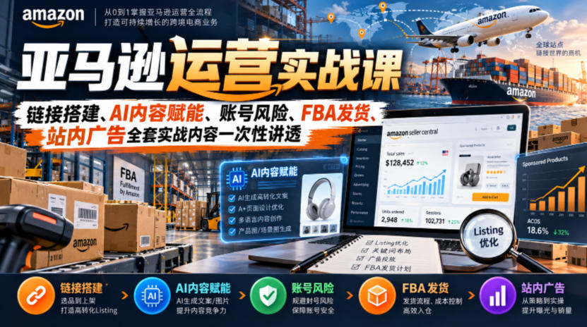 亚马逊运营实战课,链接搭建、AI内容赋能、账号风险、FBA发货、站内广告全套实战内容一次性讲透-副业网