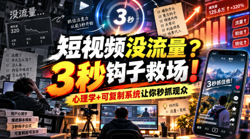 【无水印】短视频没流量?3秒钩子救场!心理学+可复制系统让你秒抓观众【原创双语字幕】-副业网