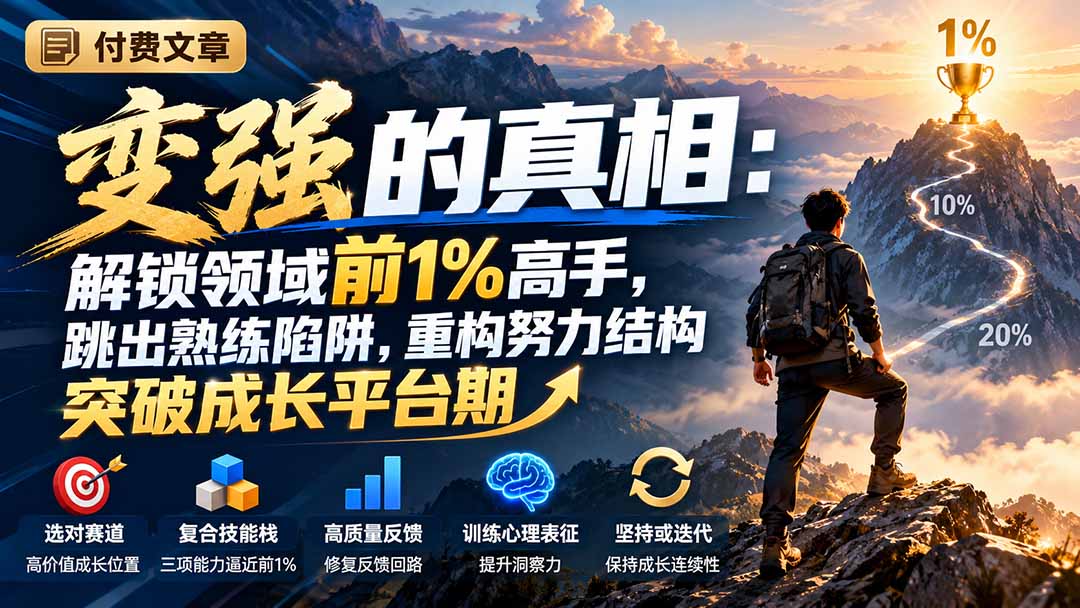 付费文章:变强的真相:解锁领域前1%高手,跳出熟练陷阱,重构努力结构突破成长平台期-副业网